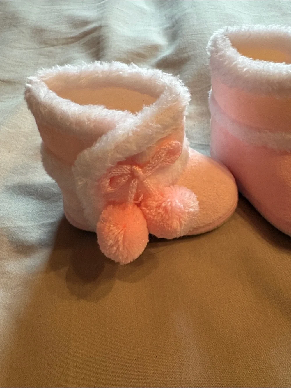 Baby Pink Fuzzy Pom Pom Booties - Infant Walker Shoes - Size 2.5